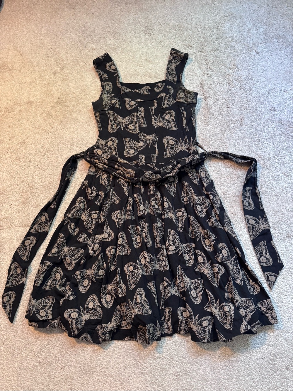 Black Butterfly-Print Midi Dress with Tie Waist